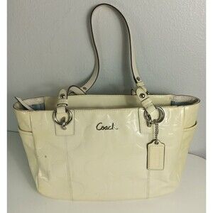 Coach F17728 Handbag Womens Cream - Ivory Embossed Patent Leather Script Logo